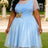 AOMEIDRESS Women A Line Dress O Neck Short Sleeves Appliques Mesh Hem - LightBlue / L