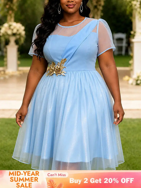 AOMEIDRESS Women A Line Dress O Neck Short Sleeves Appliques Mesh Hem - LightBlue / L
