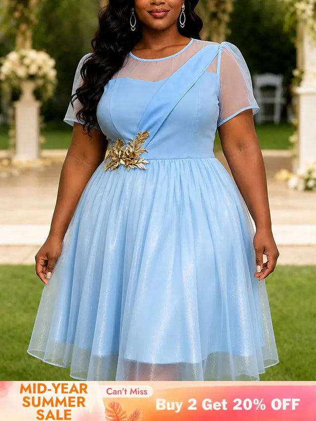 AOMEIDRESS Women A Line Dress O Neck Short Sleeves Appliques Mesh Hem - LightBlue / L