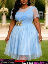 AOMEIDRESS Women A Line Dress O Neck Short Sleeves Appliques Mesh Hem - LightBlue / L
