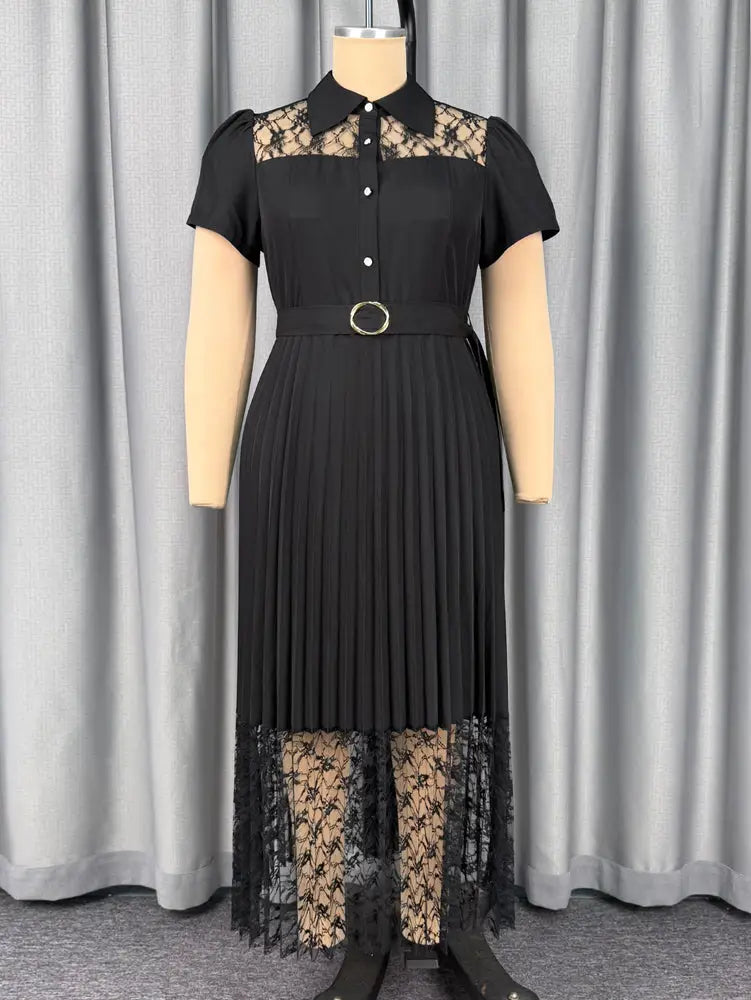 AOMEIDRESS Women A Line Dress Sheer Lapel Collar Pleated Lace Button