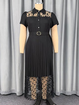 AOMEIDRESS Women A Line Dress Sheer Lapel Collar Pleated Lace Button