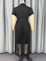 AOMEIDRESS Women A Line Dress Sheer Lapel Collar Pleated Lace Button