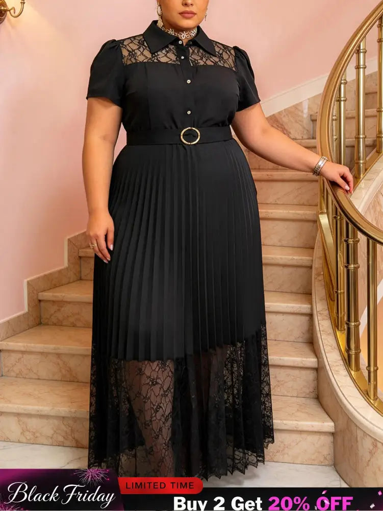 AOMEIDRESS Women A Line Dress Sheer Lapel Collar Pleated Lace Button