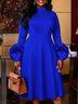 AOMEIDRESS Women A Line Dresses Half High Neck Long Sleeve 3D Floral - Blue / S