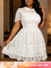 AOMEIDRESS Women A Line Lace Dresses Peter Pan Collar Short Sleeves - White / S