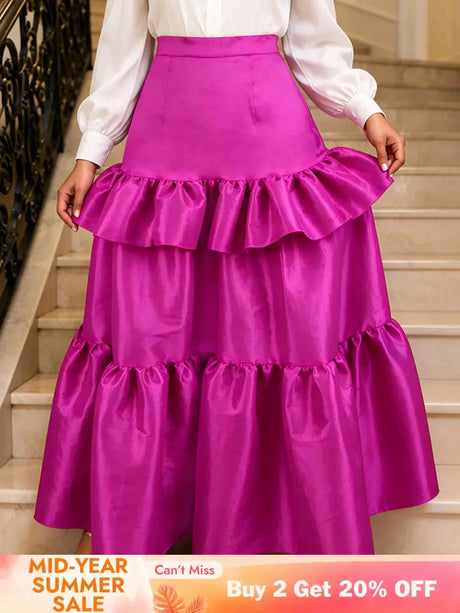 AOMEIDRESS Women A Line Shiny Skirt High Waist Tierred Ruffles Slim - Rose / S