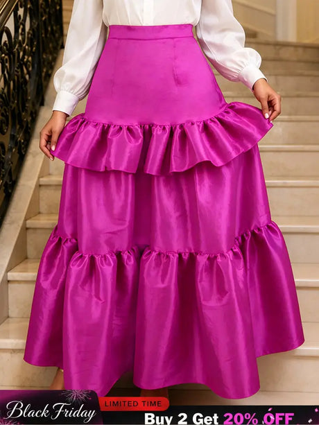 AOMEIDRESS Women A Line Shiny Skirt High Waist Tierred Ruffles Slim - Rose / S
