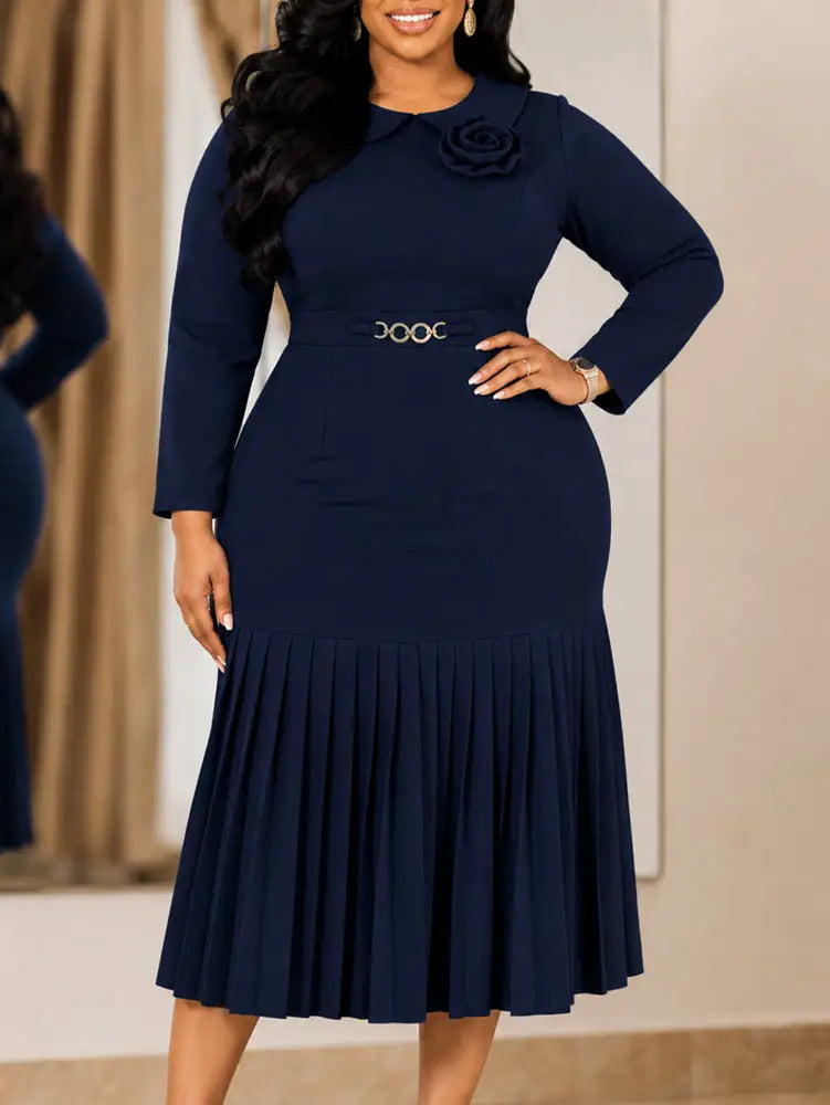 AOMEIDRESS Women Bddycon Dress Peter Pan Collar Long Sleeve Pleated - Navy blue / L
