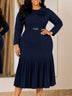 AOMEIDRESS Women Bddycon Dress Peter Pan Collar Long Sleeve Pleated - Navy blue / L