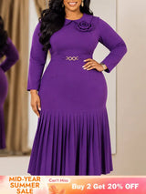 AOMEIDRESS Women Bddycon Dress Peter Pan Collar Long Sleeve Pleated - Purple / L