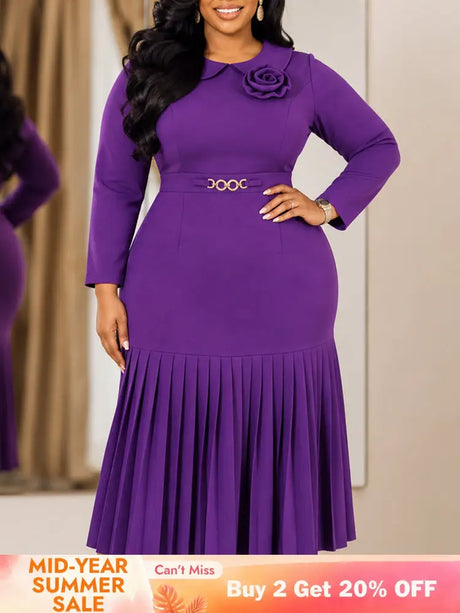 AOMEIDRESS Women Bddycon Dress Peter Pan Collar Long Sleeve Pleated - Purple / L