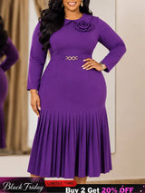 AOMEIDRESS Women Bddycon Dress Peter Pan Collar Long Sleeve Pleated - Purple / L