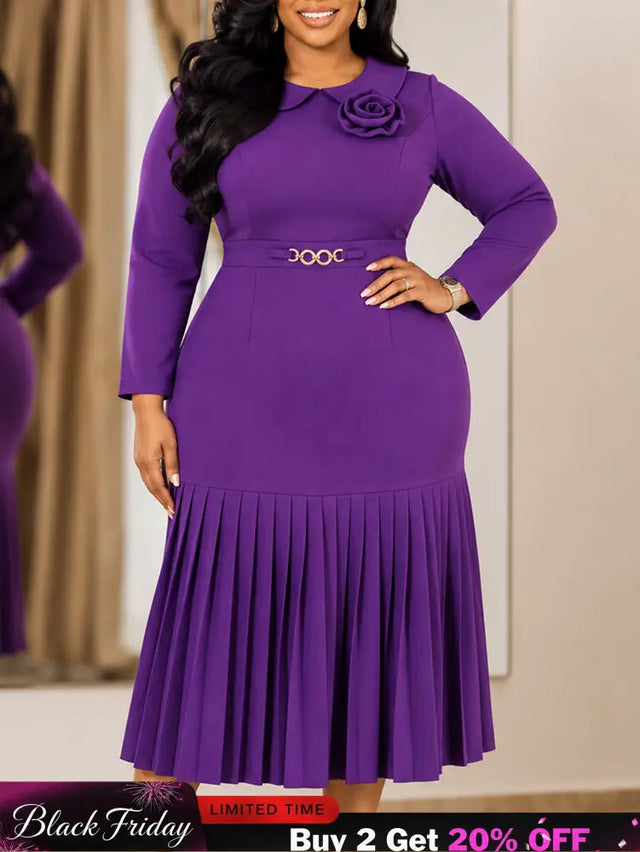 AOMEIDRESS Women Bddycon Dress Peter Pan Collar Long Sleeve Pleated - Purple / L