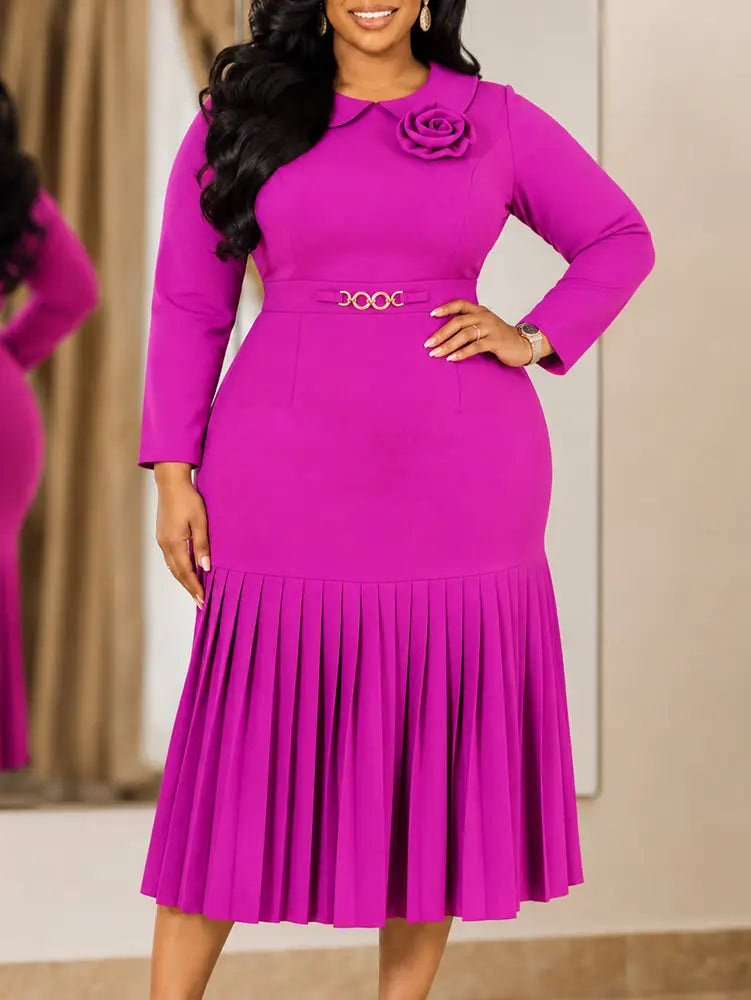AOMEIDRESS Women Bddycon Dress Peter Pan Collar Long Sleeve Pleated - Rose / L