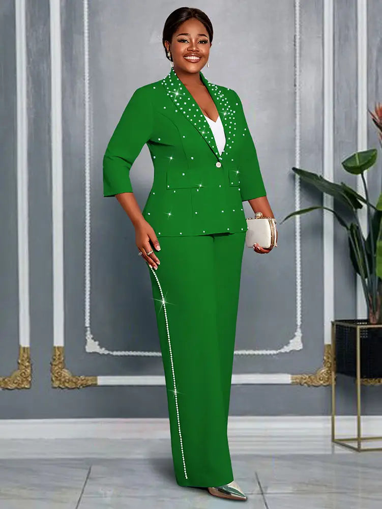 AOMEIDRESS Women Beaded Two Piece Set Turn Down Blouse Wide Leg Pants