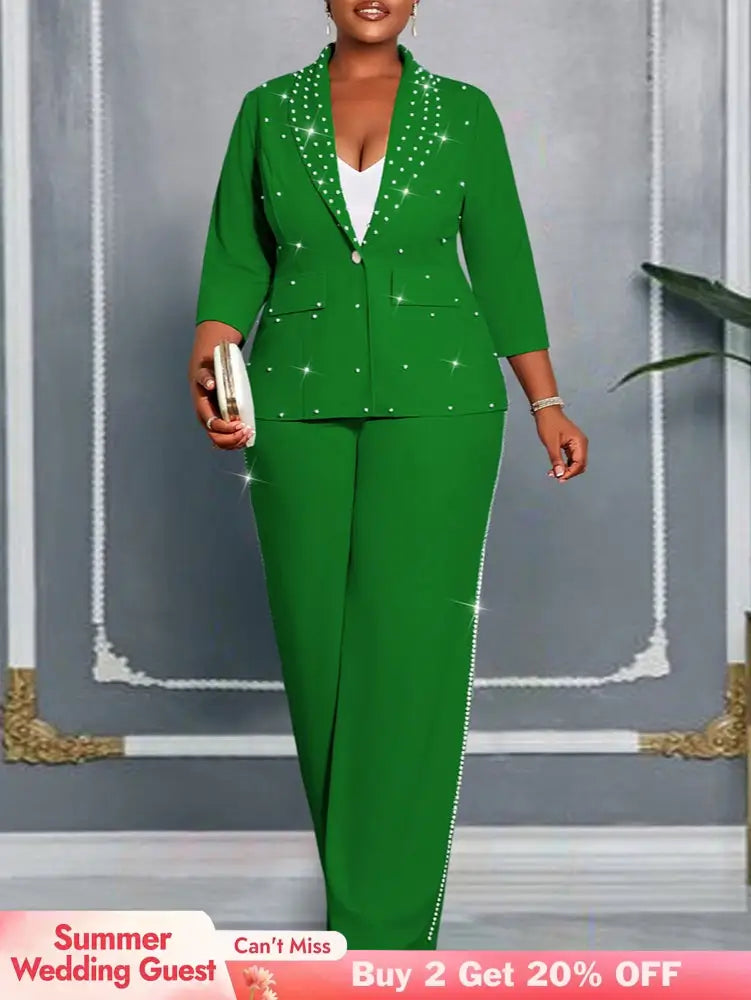 AOMEIDRESS Women Beaded Two Piece Set Turn Down Blouse Wide Leg Pants - Green / L