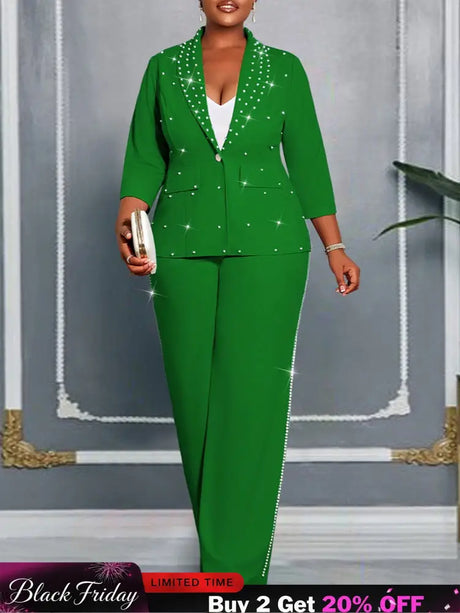 AOMEIDRESS Women Beaded Two Piece Set Turn Down Blouse Wide Leg Pants - Green / L