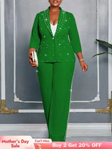 AOMEIDRESS Women Beaded Two Piece Set Turn Down Blouse Wide Leg Pants - Green / L