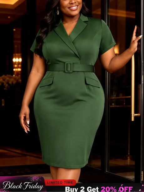 AOMEIDRESS Women Blazer Dress Notched Collar Short Sleeve Belt Office - ArmyGreen / L