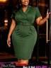 AOMEIDRESS Women Blazer Dress Notched Collar Short Sleeve Belt Office - ArmyGreen / L