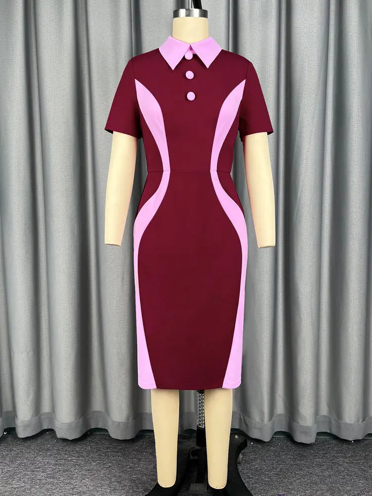 AOMEIDRESS Women Bodycon Dress Colorblock Shirt Collar Short Sleeve