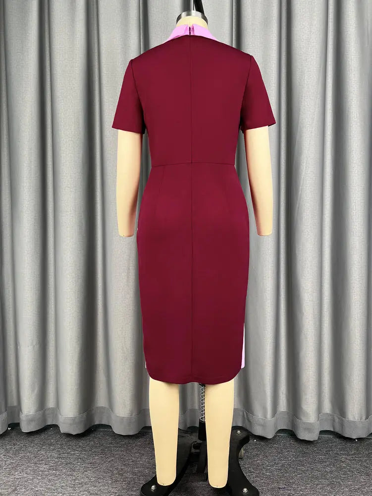AOMEIDRESS Women Bodycon Dress Colorblock Shirt Collar Short Sleeve