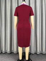AOMEIDRESS Women Bodycon Dress Colorblock Shirt Collar Short Sleeve