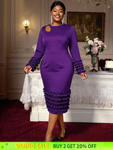 AOMEIDRESS Women Bodycon Dress O Neck Hollow Out Ruffles Party Gowns DeepPurple / L