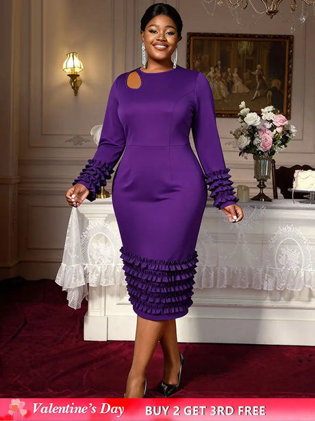 AOMEIDRESS Women Bodycon Dress O Neck Hollow Out Ruffles Party Gowns DeepPurple / L