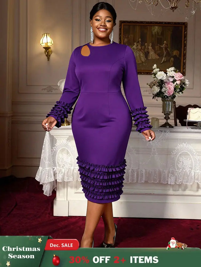 AOMEIDRESS Women Bodycon Dress O Neck Hollow Out Ruffles Party Gowns DeepPurple / L