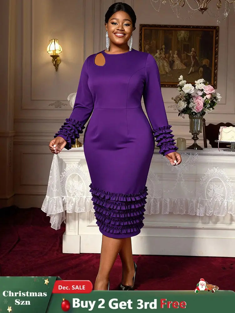 AOMEIDRESS Women Bodycon Dress O Neck Hollow Out Ruffles Party Gowns DeepPurple / L