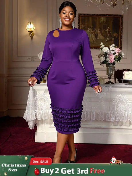 AOMEIDRESS Women Bodycon Dress O Neck Hollow Out Ruffles Party Gowns DeepPurple / L