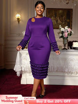 AOMEIDRESS Women Bodycon Dress O Neck Hollow Out Ruffles Party Gowns DeepPurple / L