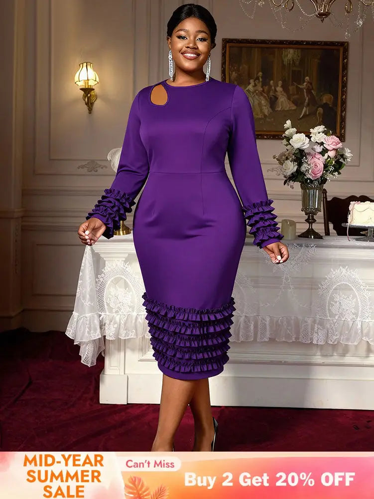 AOMEIDRESS Women Bodycon Dress O Neck Hollow Out Ruffles Party Gowns DeepPurple / L