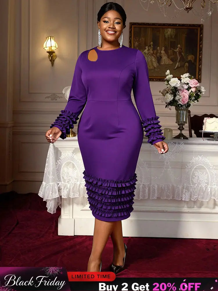 AOMEIDRESS Women Bodycon Dress O Neck Hollow Out Ruffles Party Gowns DeepPurple / L