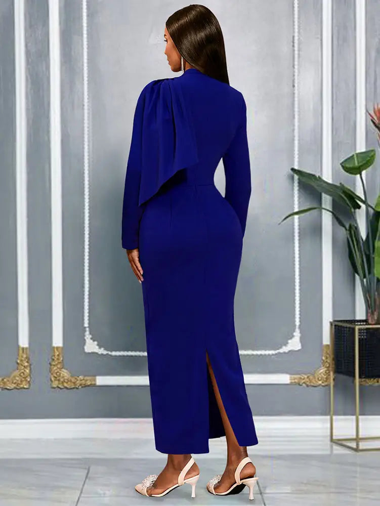 AOMEIDRESS Women Bodycon Dress O Neck Long Sleeve Draped Party Gowns