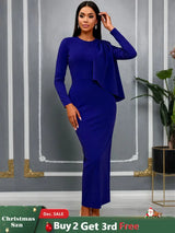AOMEIDRESS Women Bodycon Dress O Neck Long Sleeve Draped Party Gowns DarkBlue / S