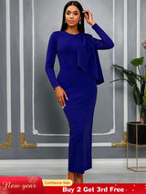 AOMEIDRESS Women Bodycon Dress O Neck Long Sleeve Draped Party Gowns DarkBlue / S