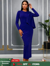 AOMEIDRESS Women Bodycon Dress O Neck Long Sleeve Draped Party Gowns DarkBlue / S