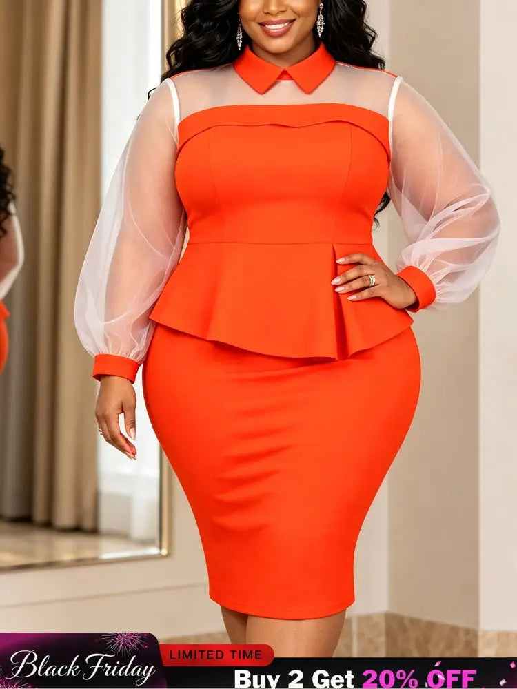 AOMEIDRESS Women Bodycon Dress Shirt Collar Puff Long Sleeves Peplum