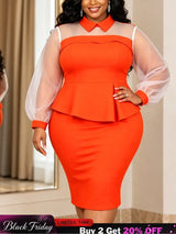 AOMEIDRESS Women Bodycon Dress Shirt Collar Puff Long Sleeves Peplum