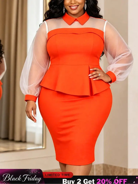 AOMEIDRESS Women Bodycon Dress Shirt Collar Puff Long Sleeves Peplum