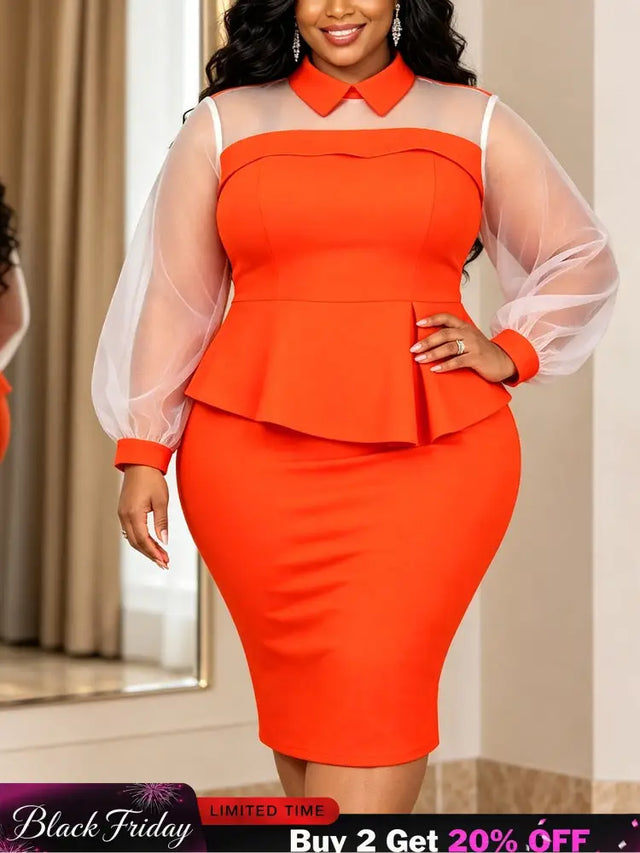 AOMEIDRESS Women Bodycon Dress Shirt Collar Puff Long Sleeves Peplum