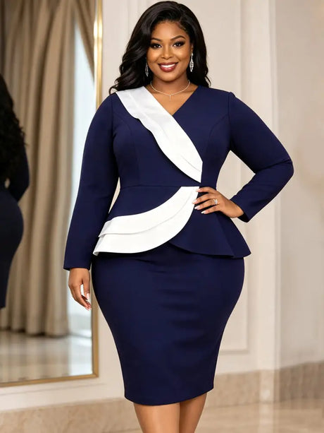 AOMEIDRESS Women Bodycon Dress V Neck Long Sleeve Ruffle Peplum - Navy / L