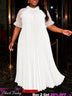 AOMEIDRESS Women Casual Pleated Dress Ruffle Mock Neck Puff Sleeve - White / L