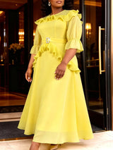 AOMEIDRESS Women Chiffon Dress O Neck 3/4 Puff Sleeve Ruffled Belted