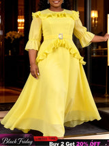 AOMEIDRESS Women Chiffon Dress O Neck 3/4 Puff Sleeve Ruffled Belted - LightYellow / L