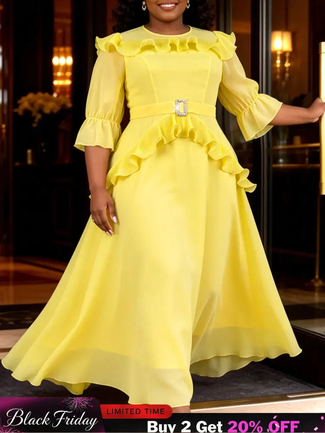 AOMEIDRESS Women Chiffon Dress O Neck 3/4 Puff Sleeve Ruffled Belted - LightYellow / L