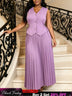 AOMEIDRESS Women Elegant 2 Piece Set V Neck Vest Top Pleated Skirt - Lavender / S